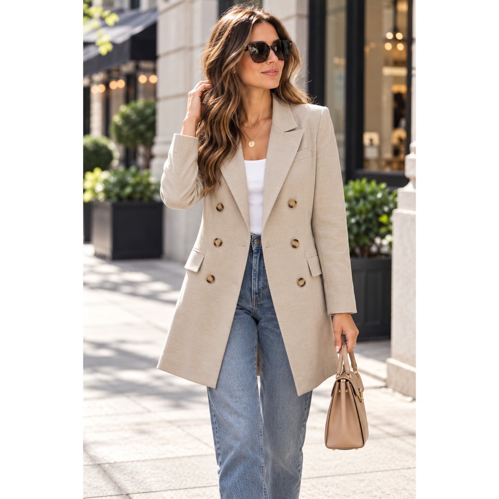 NWT ZOW ZOW Women's Viscose Double Breasted Longline Blazer Taupe Size 0